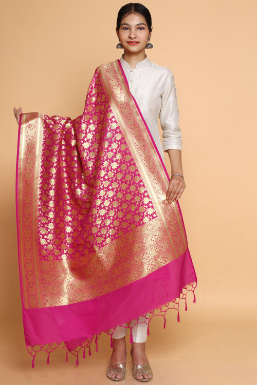 Woven Zari Banarasi Silk Hot Pink Dupatta 