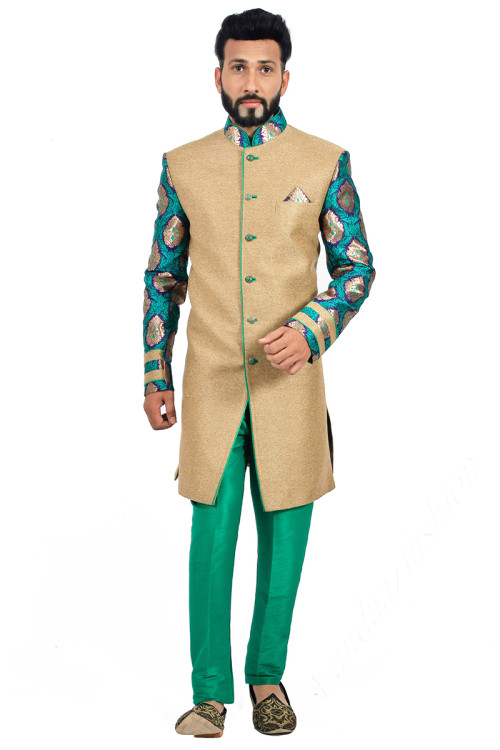 Dark Beige Jute Designer Men Sherwani With Pajama