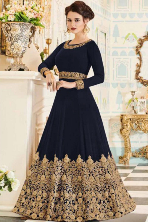 Dark Blue Eid Anarkali Gown With Resham Embroidered
