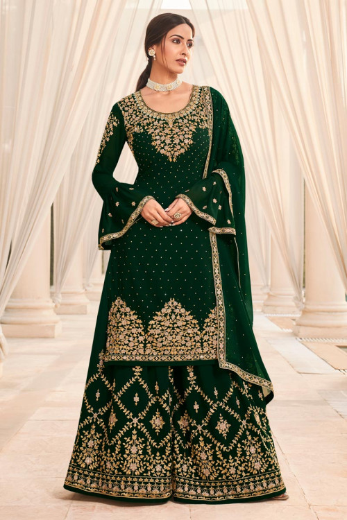 Dark Green Straight Cut Georgette Sharara Suit for Wedding 