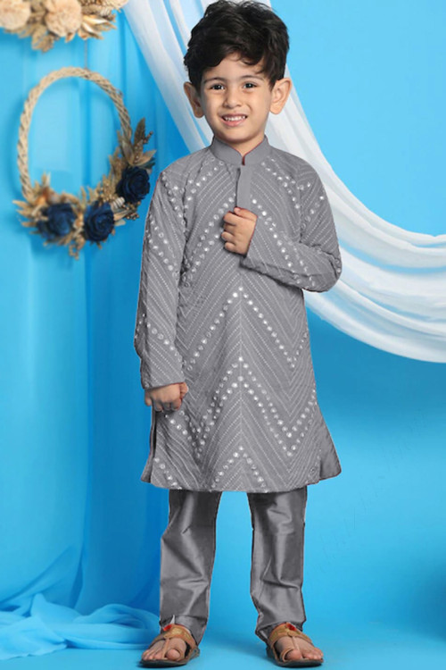 Dark Grey Georgette Faux Mirror Embroidered Boy's Kurta Pajama