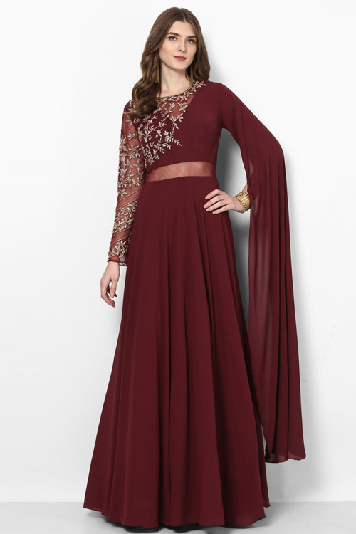 Dark Maroon Georgette Gown With One Side Cape