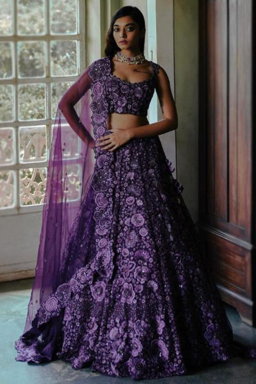 Wedding Wear Thread Embroidered Dark Purple Lehenga in Georgette