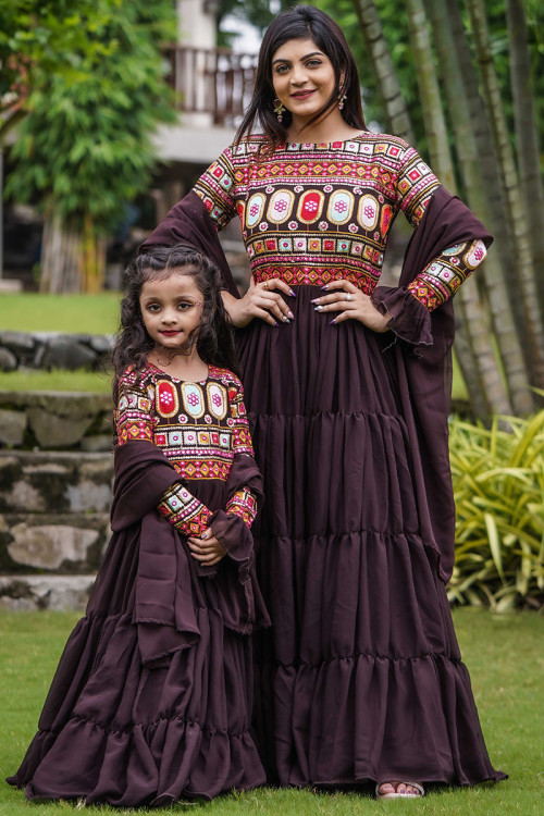 Dark Purple Georgette Embroidered Mother-Daughter Duo Gown