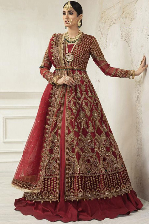 Party Wear Zari Embroidered Deep Red Anarkali Suit in Net