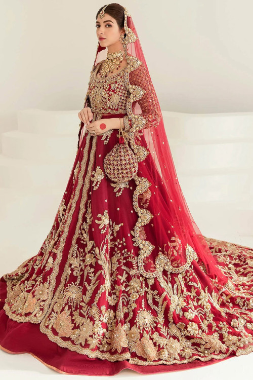 Deep Red Silk Embroidered Bridal Wear Trail Cut Lehenga
