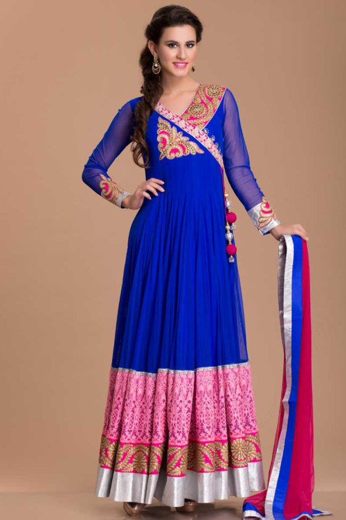 Royal Blue Georgette Anarkali Suit With Zari Work