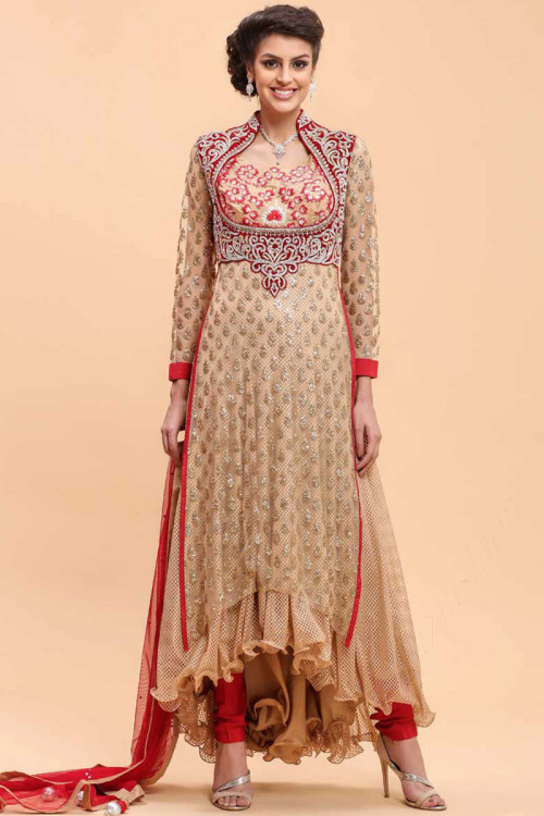 Beige And Red Net Georgette Prom Dress