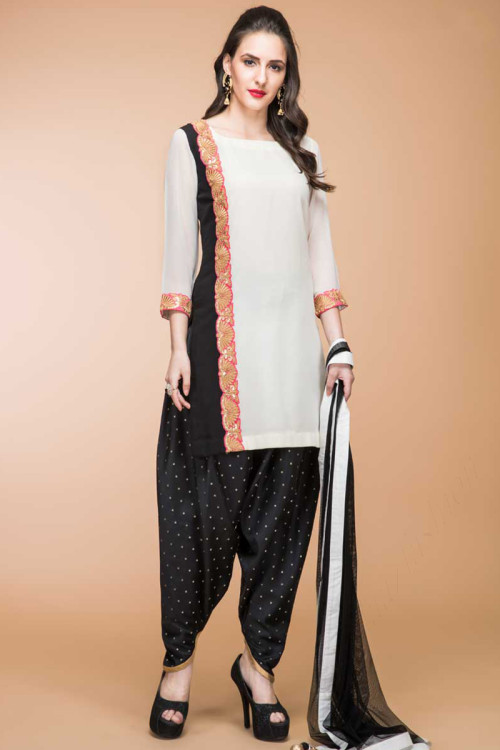 Off White Georgette Patiala Suit With Dupatta