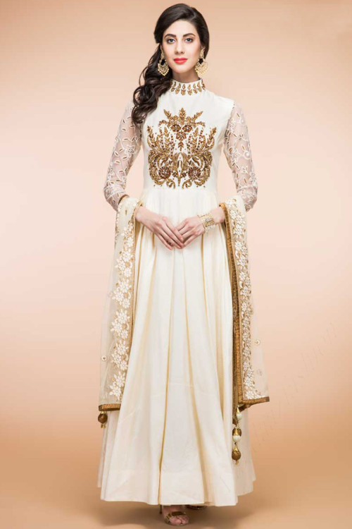 Cream Silk Anarkali Churidar Suit With Dupatta