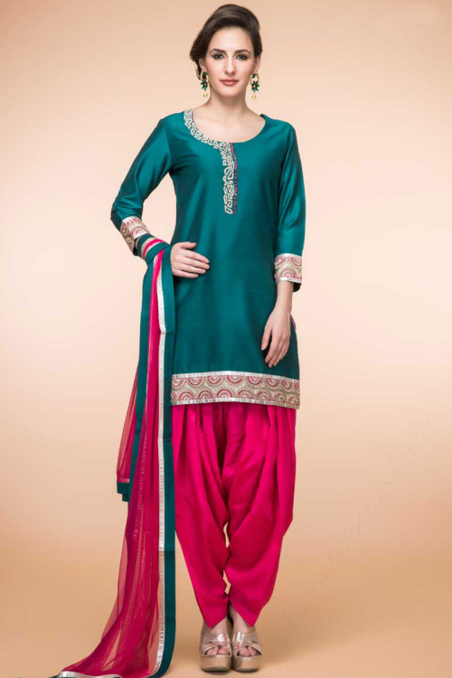 Teal Green Silk Patiala Suit With Dupatta