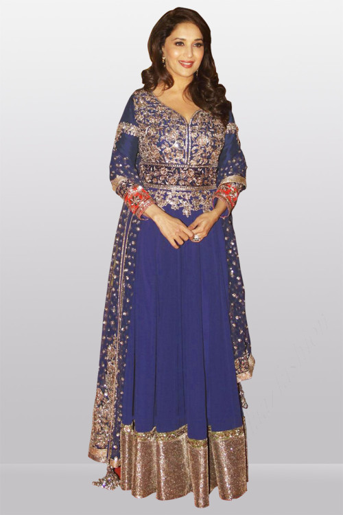 Madhuri Dixit Blue Georgette And Silk Anarkali Churidar Suit