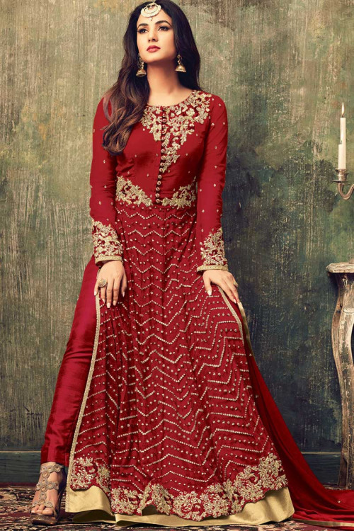 Net Trouser Suit With Dupatta In Glistening Red