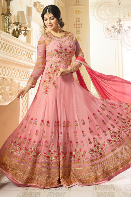 Pink Georgette Indian Anarkali Churidar Suit With Dupatta