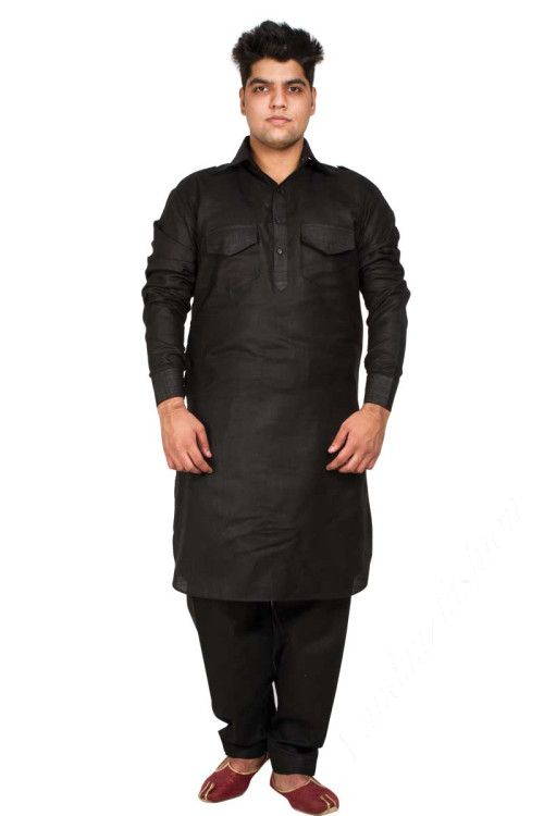 Black Lilen & Cotton Pathani Suit