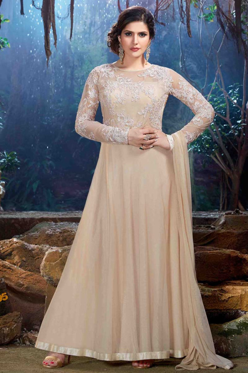 Zarin Khan Soft Net Anarkali Suit In Light Beige Colour