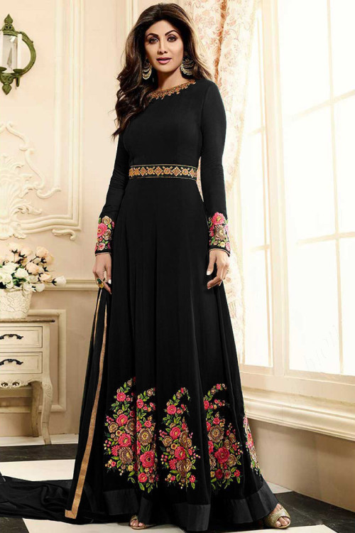 Shlipa Shetty Black Long Silk Anarkali Churidar Suit With Dupatta