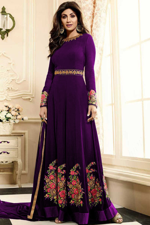Shlipa Shetty Dark Purple Long Silk Anarkali Churidar Suit With Dupatta
