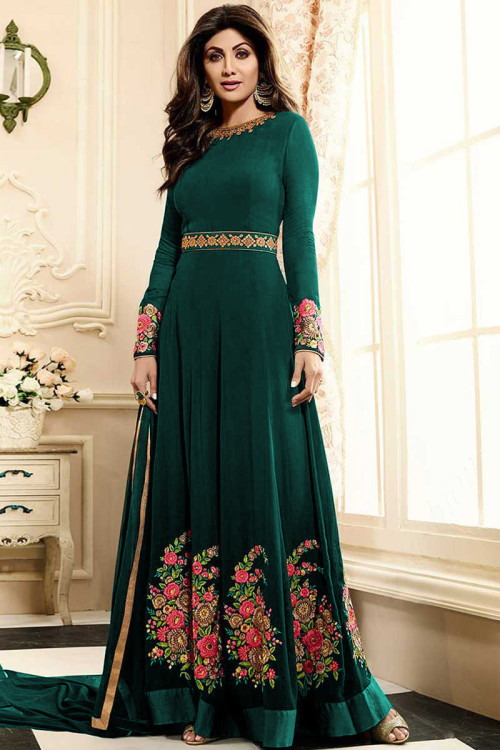 Shlipa Shetty Teal Green Long Silk Anarkali Churidar Suit With Dupatta