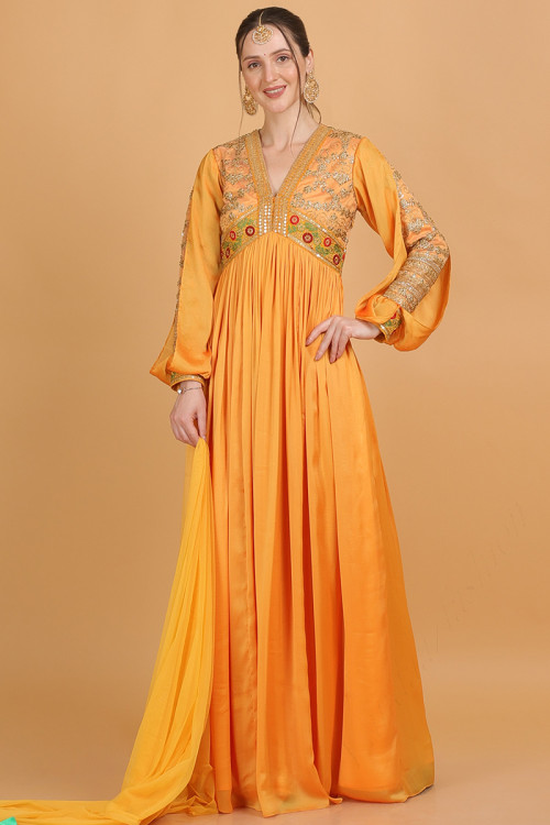Dori Embroidered Mustard Yellow Crepe Satin Gown 