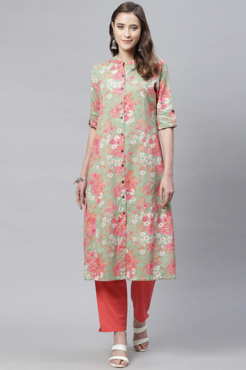 Kurti in Dusty Green Cotton for Casual Wear with Printed