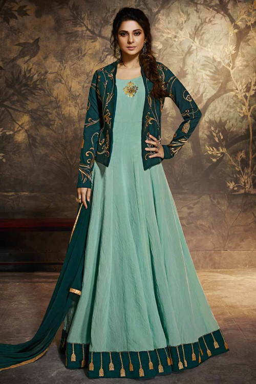 Dusty Green Silk Anarkali Suit With Embroidered Jacket