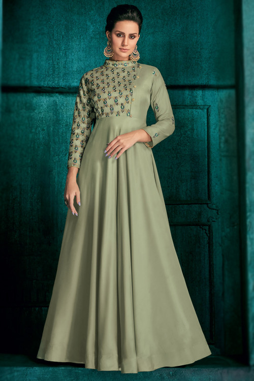 Dusty Green Silk Floor Length Gown