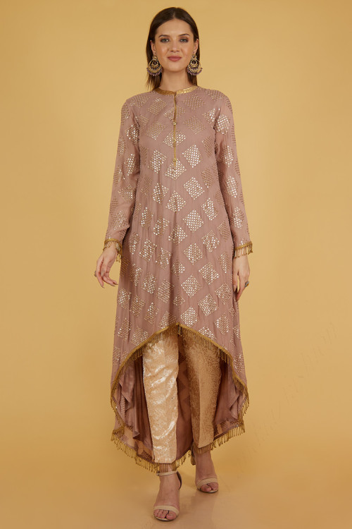 Dusty Mauve Georgette High-Low Style Embroidered Trouser Suit