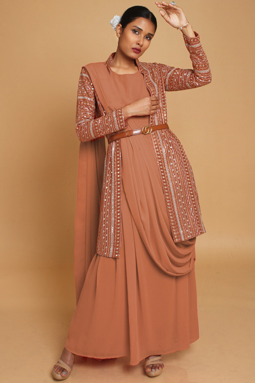 Dusty Orange Georgette Embroidered Indo-Western Gown