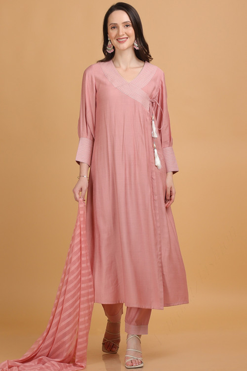 Dusty Pink Linen Embroidered Angrakha Style Trouser Suit
