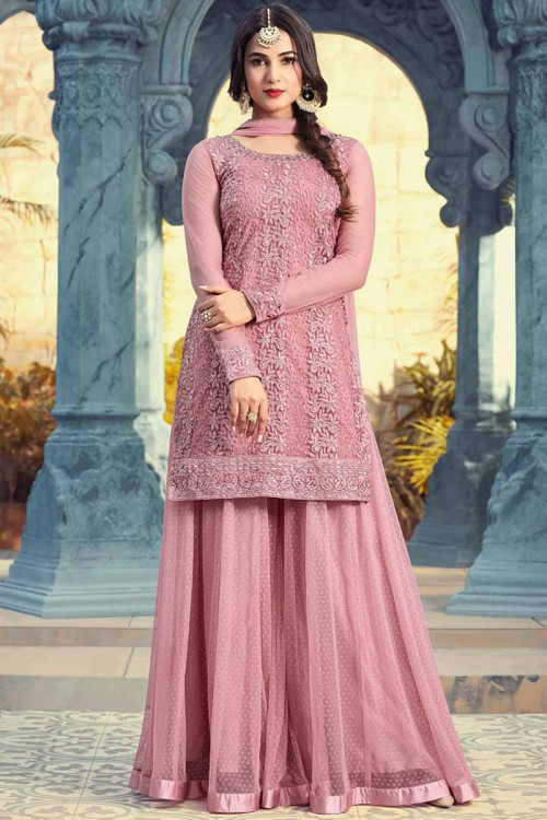 Dusty Rose Pink Net Palazzo Pant Suit