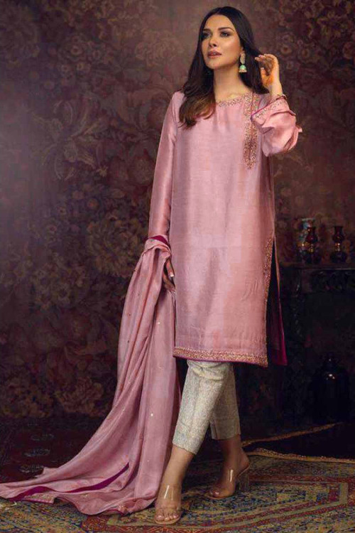 Pastel Pink Party Wear Stone Work Trouser Suit in Bangalori Silk