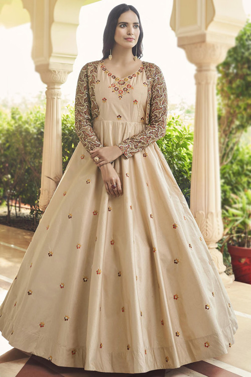 Embroidered Cotton Beige Anarkali Gown with Printed Jacket