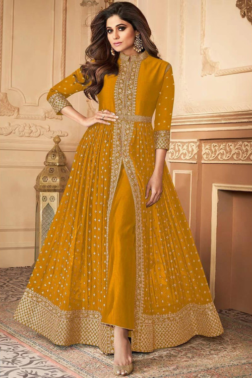 Mustard Yellow Georgette Long Anarkali Suit for Eid