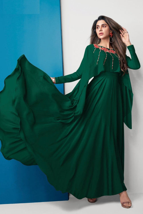 Embroidered Georgette Bottle Green Gown