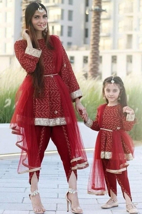 Embroidered Georgette Deep Red Mother Daughter Duo Trouser Suit