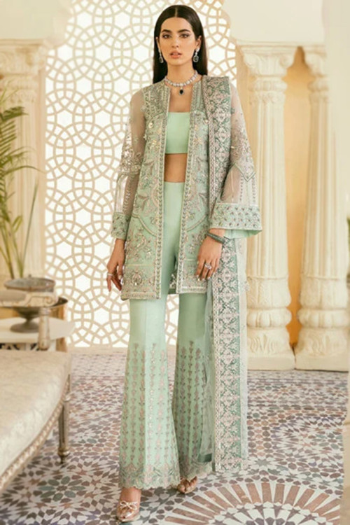 Embroidered Georgette Mint Green Jacket Style Suit for Eid