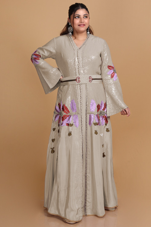 Embroidered Grey Beige Georgette Indo-Western Gown