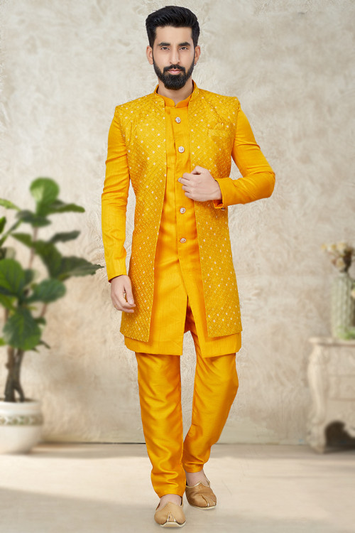 Embroidered Jacket Style Mustard Yellow Men's Sherwani 
