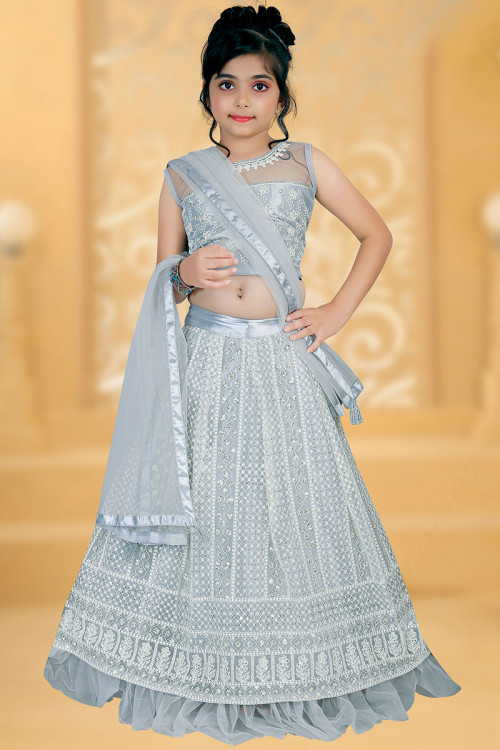 Net Lehenga in Bluish Grey colour with Thread Work for Party 