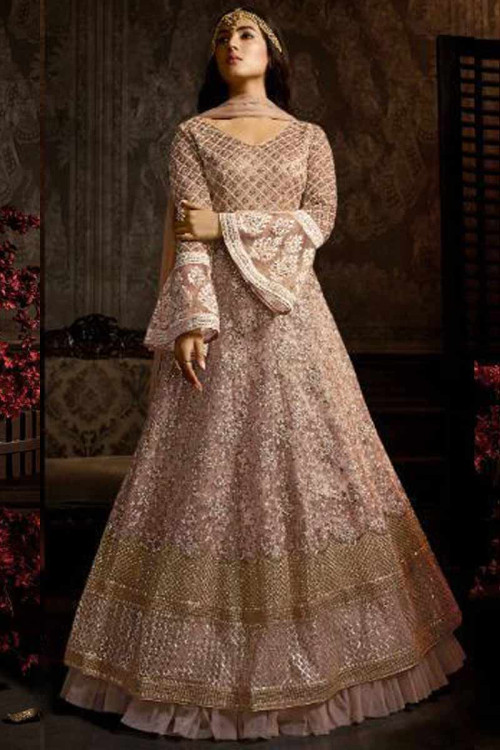 Embroidered Net Dusty Pink Anarkali Suit
