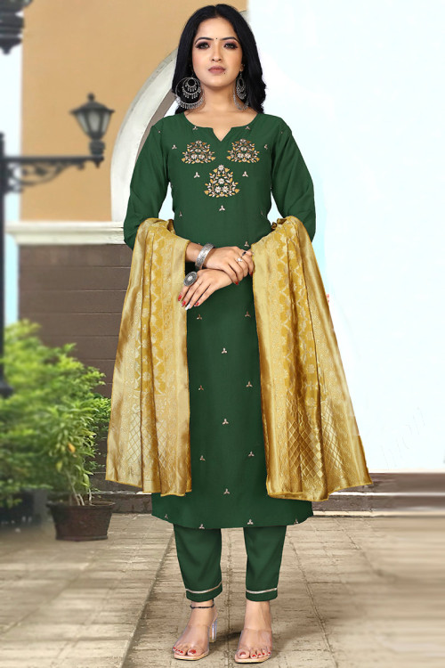 Thread Work Dark Green Trouser Suit in Rayon for Party 