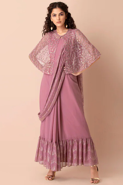 Embroidered Silk Dusty Pink Gown With Cape