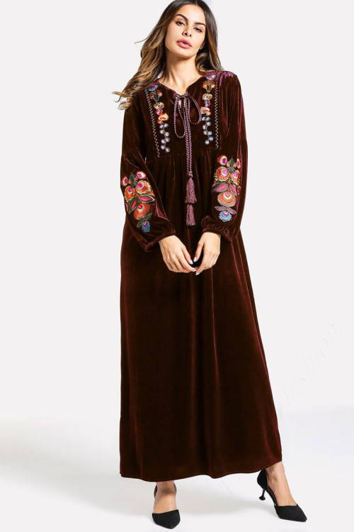 Embroidered Velvet Modest Gown In Brown Colour