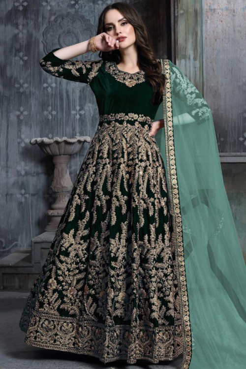 Bottle Green Velvet Embroidered Eid Special Anarkali Suit