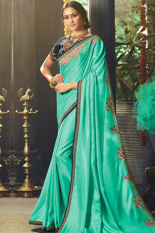 Firozi Green Silk Saree With Silk Blouse