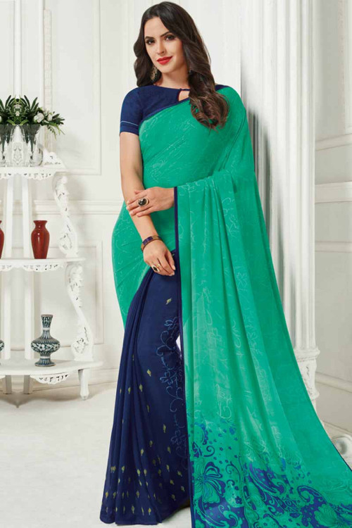 Firozi with Blue Georgette Saree With Georgette Blouse