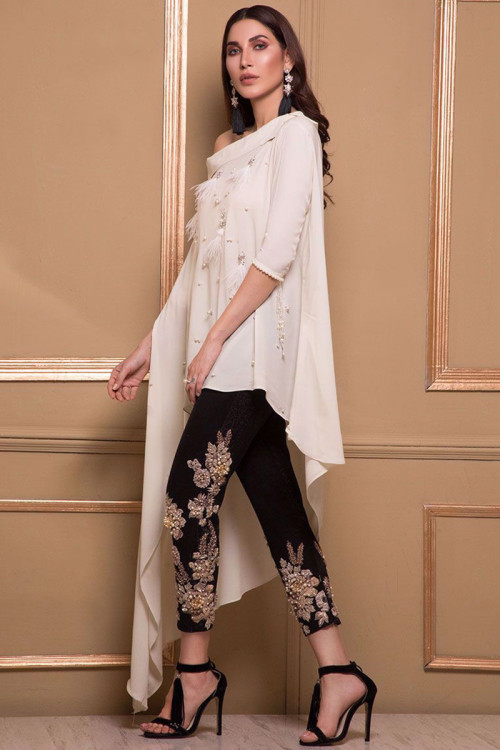 Georgette Off White Embroidered High-Low Style Suit