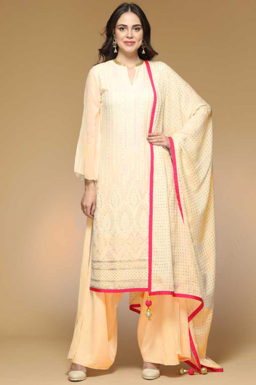 Georgette Palazzo Pant Suit In Creme Color 