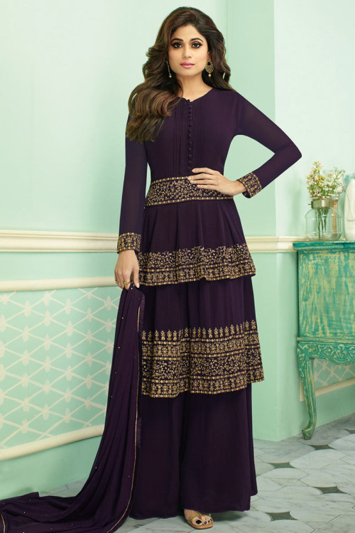 Georgette Party Wear Palazzo Suit In Violet Colour